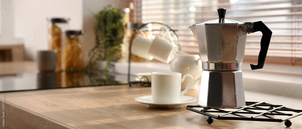 Grid with geyser coffee maker and cup on kitchen counter near window Grid with geyser coffee maker and cup on kitchen counter near window