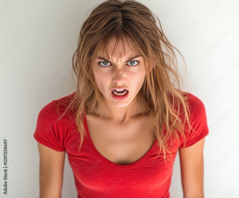 An angry woman stares directly at the camera with an intense expression. Her furrowed brows and tense posture convey frustration, determination, or defiance. An angry woman stares directly at the camera with an intense expression. Her furrowed brows and tense posture convey frustration, determination, or defiance.