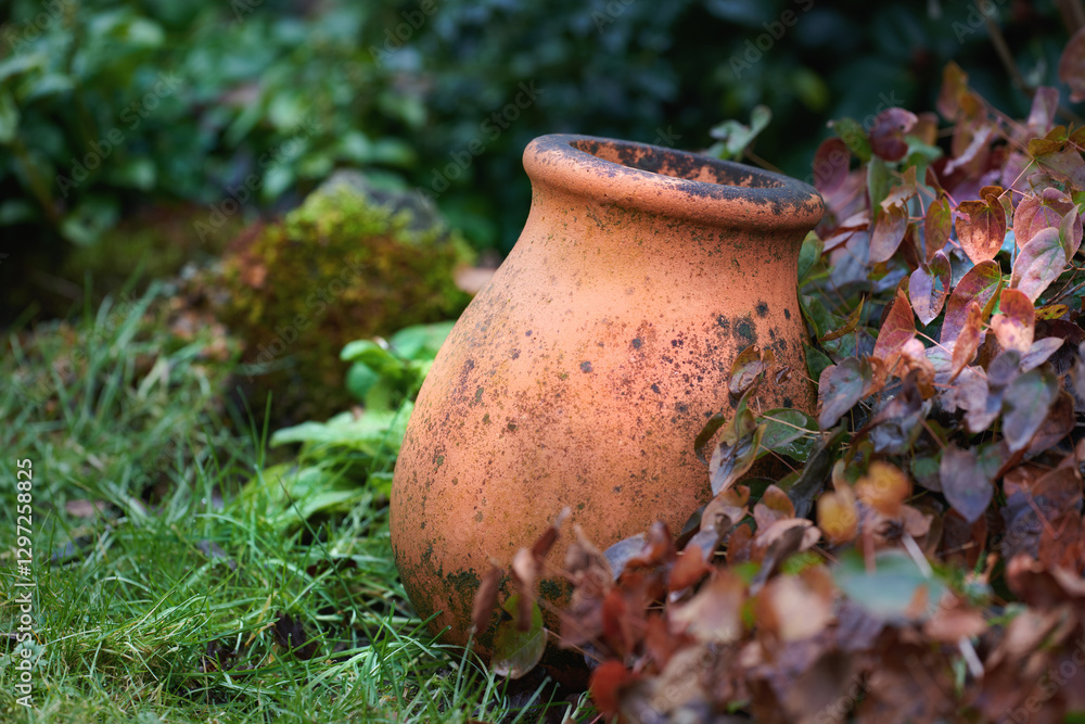 Empty pot, garden and grass with flowers for natural growth, foliage or outdoor decor in nature. Plant, ornament or clay vase with lush botany of greenery, growing leaves or floral design in backyard Empty pot, garden and grass with flowers for natural growth, foliage or outdoor decor in nature. Plant, ornament or clay vase with lush botany of greenery, growing leaves or floral design in backyard