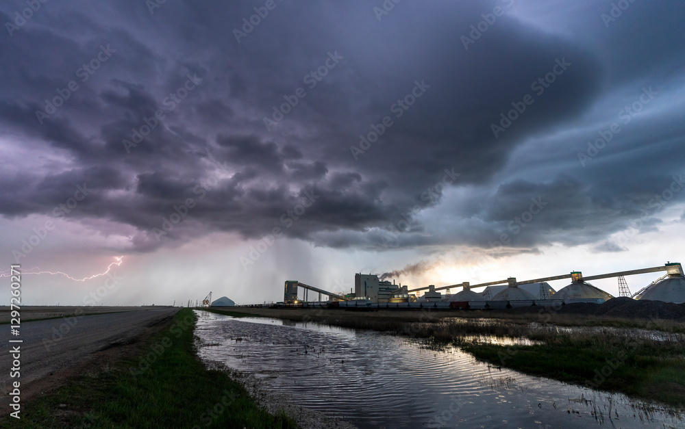 Lightning strikes near industrial plant under stormy sky