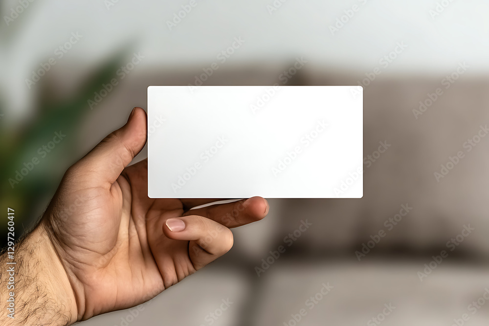 close-up of man one hands holding blank business card, visiting card, and credit card mockup, white blank screen card mockup, interrail room and cozy sofa background close-up of man one hands holding blank business card, visiting card, and credit card mockup, white blank screen card mockup, interrail room and cozy sofa background