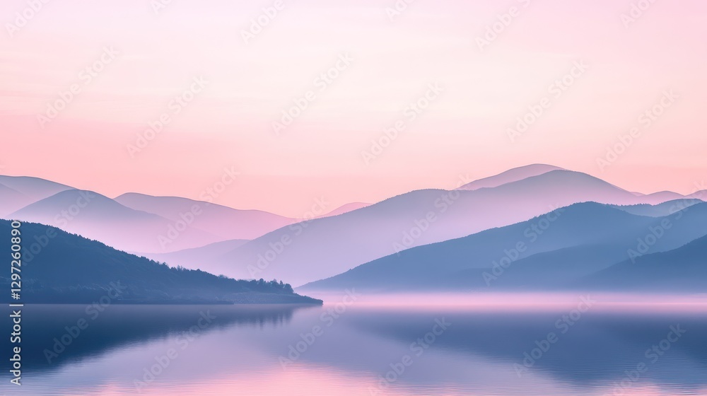 Fototapeta premium Mountains and Lake at Sunrise with Beautiful Soft Colors