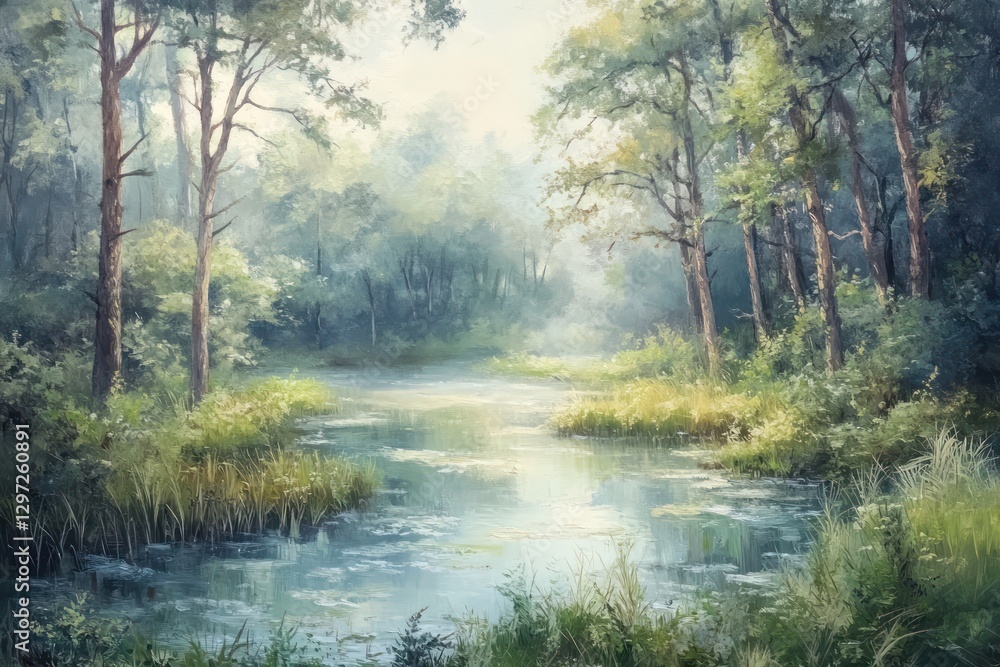 A serene forest scene displaying a shimmering water reflection A serene forest scene displaying a shimmering water reflection