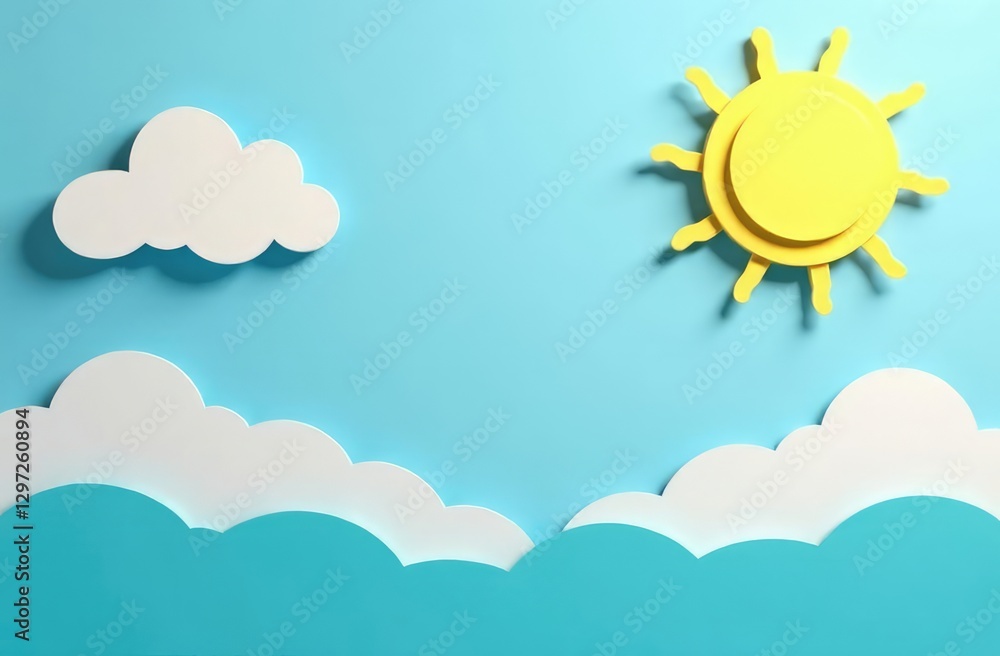 Sunny day cute sun on blue sky and cut cloud paper craft style minimal scenes display background Sunny day cute sun on blue sky and cut cloud paper craft style minimal scenes display background