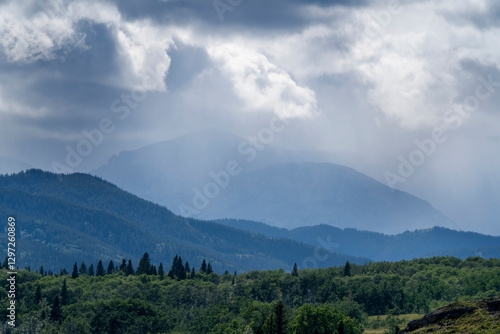 Rain falling on the blue ridge mountains in north carolina