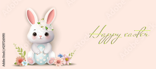 Adorable rabbit among flowers. Greeting card, banner