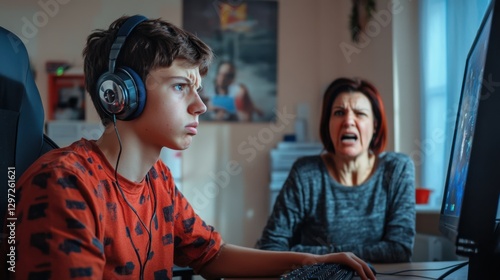 Teenage boy playing video games while mother scolds him at home. Gamer boy wearing headphones, playing video games on computer while his angry mother scolds him