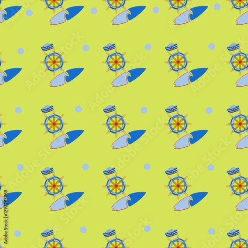Seamless summer vibe pattern with steering wheel, surf and sailor hat on yellow background, dpi 5000x5000