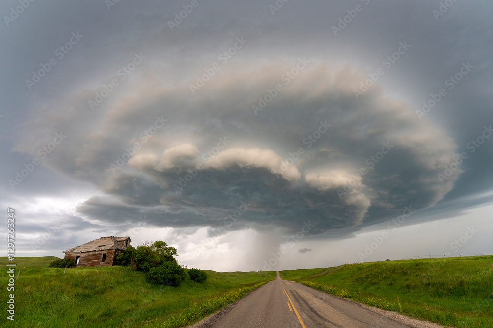 Supercell storm forming over abandoned farmhouse and country road