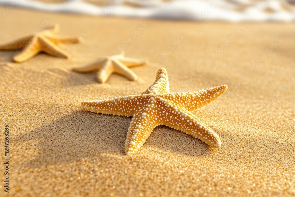 Close-Up View of Starfish on Soft Sandy Beach Under Gentle Waves of Clear Blue Ocean Close-Up View of Starfish on Soft Sandy Beach Under Gentle Waves of Clear Blue Ocean