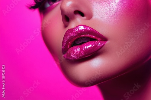 Close-Up of Glossy Pink Lips with Glitter and Bright Makeup Against a Vibrant Pink Background