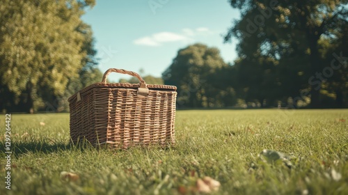Fototapeta Naklejka Na Ścianę i Meble -  A wicker picnic basket sits on a green grassy lawn