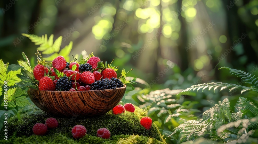 Forest berries in wooden bowl on moss. Forest berries in wooden bowl on moss.