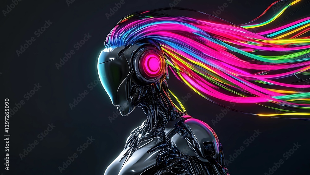 Futuristic Cyberpunk Robot with Neon Glowing Hair and High-Tech Visor in Sci-Fi Concept
Futuristic Cyberpunk Robot with Neon Glowing Hair and High-Tech Visor in Sci-Fi Concept