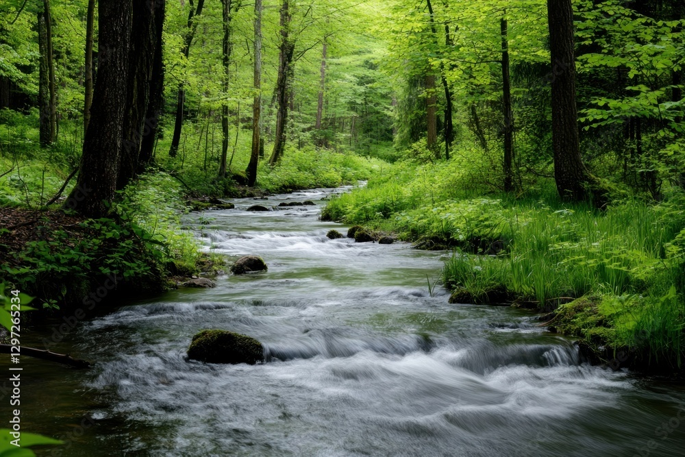 Serene Stream in Lush Green Forest with Sunlight Filtering Through Leaves and Gentle Flow Serene Stream in Lush Green Forest with Sunlight Filtering Through Leaves and Gentle Flow