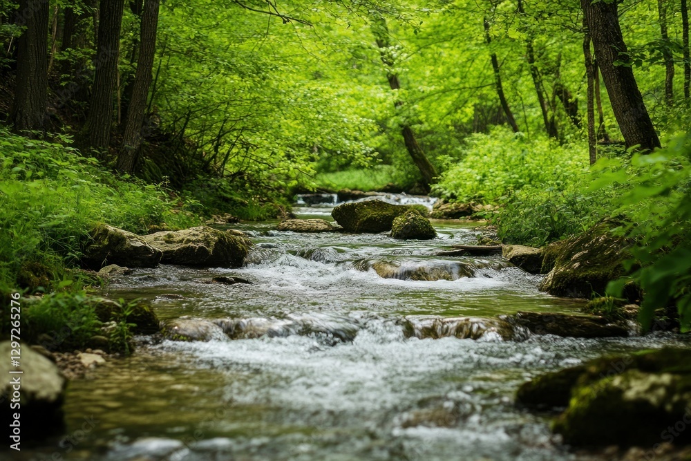 Serene Stream Flowing Through Lush Green Forest with Smooth Rocks and Vibrant Foliage Serene Stream Flowing Through Lush Green Forest with Smooth Rocks and Vibrant Foliage