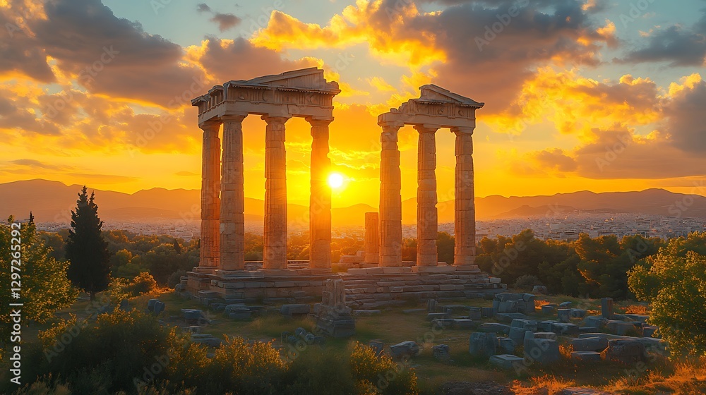 Fototapeta premium Sunset Behind Ancient Greek Temple high resolution hd photo