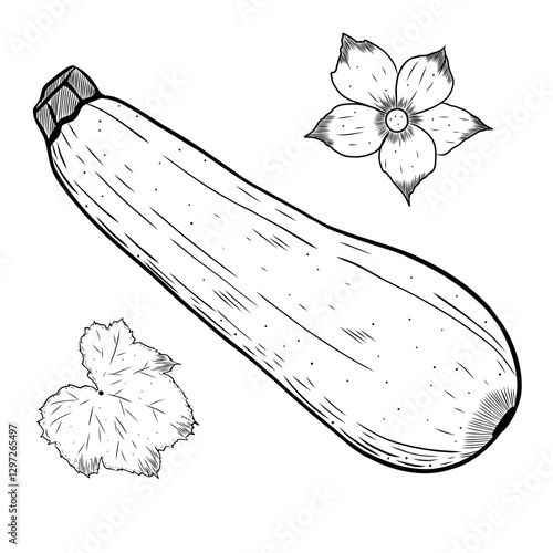 Vector illustration of zucchini, slices, flowers, leaves. Hand drawn vegetables and fresh healthy food. Farm product. Black and white illustration for menu design, textiles, recipes. Isolated