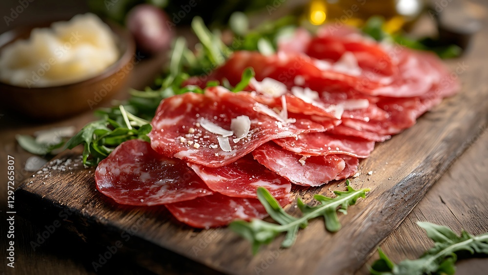 Delicious Sliced Salami with Parmesan and Arugula on Rustic Wooden Board
Delicious Sliced Salami with Parmesan and Arugula on Rustic Wooden Board