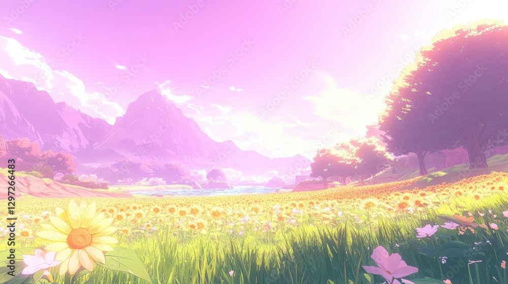 Fototapeta premium Vast Sunflower Field Under Pastel Evening Sky at Horizon