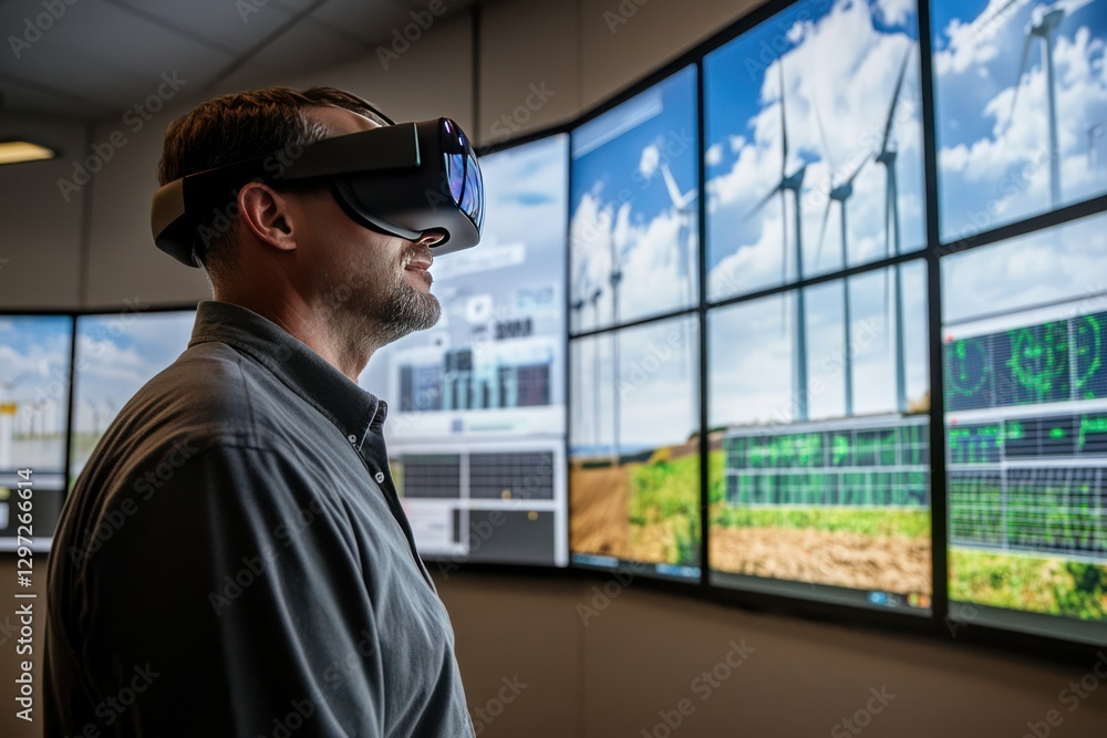 Fototapeta premium Man Using Virtual Reality Headset in High-Tech Control Room for Environmental Monitoring
