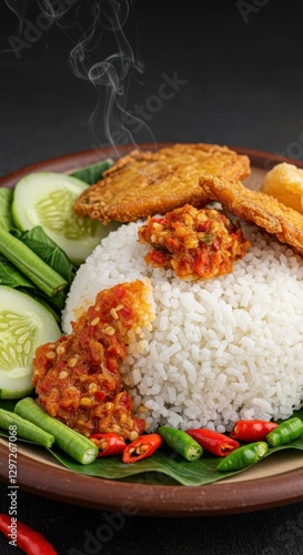 Indonesian Spicy Rice Dish with Fried Fish and Sambal photo