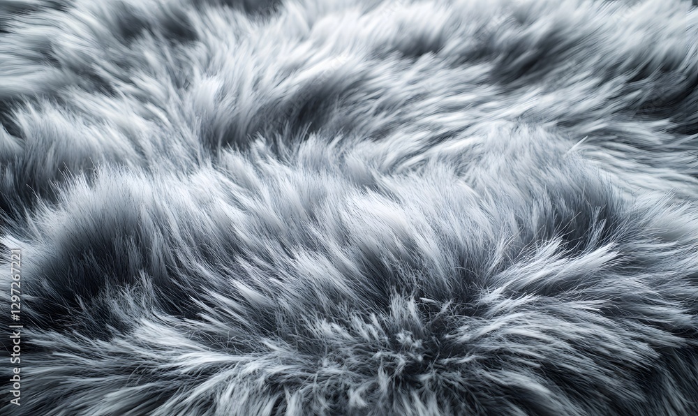 Close-up of fluffy textured gray faux fur material with a soft look Close-up of fluffy textured gray faux fur material with a soft look