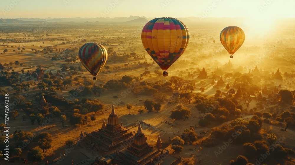 Obraz premium Hot air balloons soar over ancient temples at sunrise. (3)