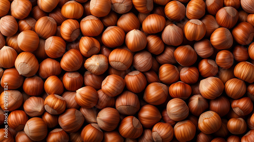 A close-up view of fresh hazelnuts in their shells, arranged neatly, showcasing their rich brown textures and patterns.