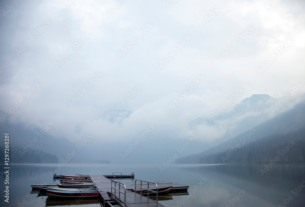 Wooden dock with boats on a misty mountain lake