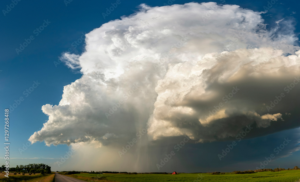 Supercell thunderstorm looming over a rural landscape, generating rain and hail