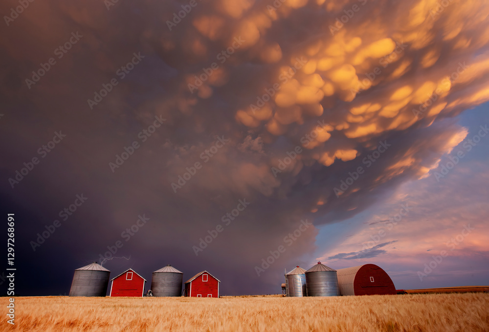 Mammatus clouds at sunset over a farm in the canadian prairies