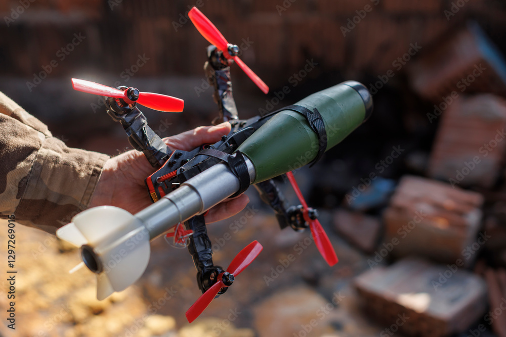 Fototapeta premium military drone with replica bomb in soldier's hand