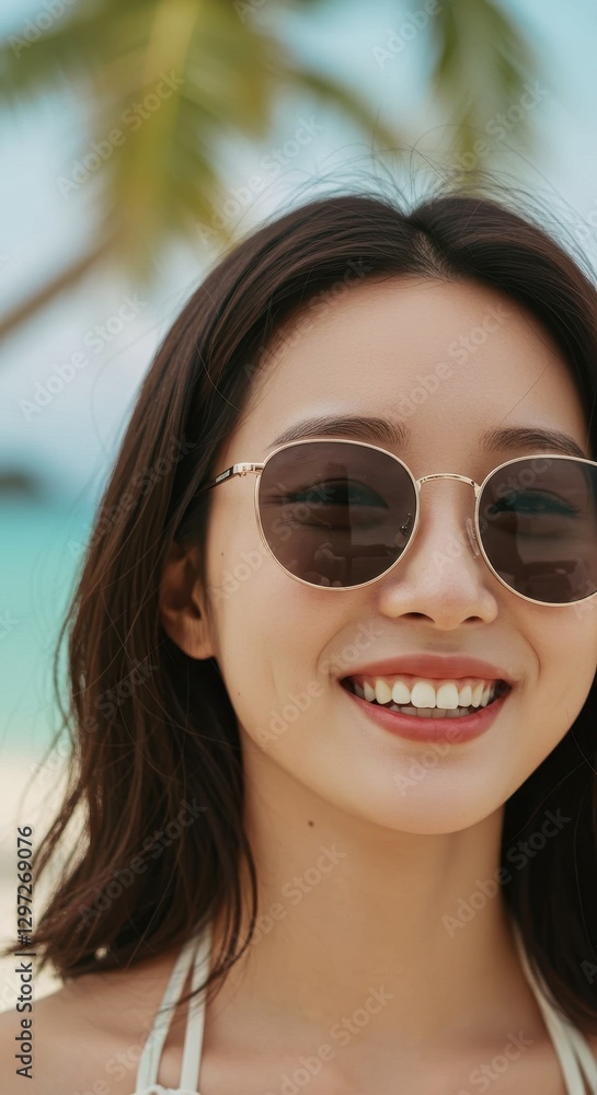 Smiling Woman in Sunglasses on Tropical Beach Smiling Woman in Sunglasses on Tropical Beach