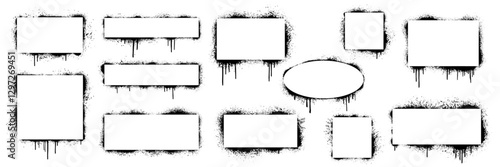 Grunge graffiti boarder silhouettes with wet splatters, paint drips, ink spray texture. Geometric frames with urban street art elements, blank border callouts text box. Vector illustration of grafitti