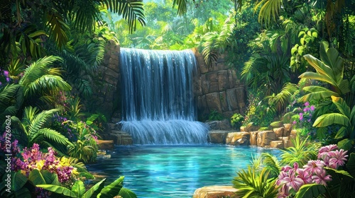 Lush tropical waterfall cascading into a serene pool. (2)
