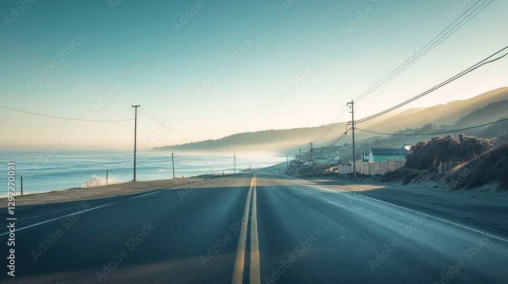A coastal road travels along the ocean and near the mountains A coastal road travels along the ocean and near the mountains