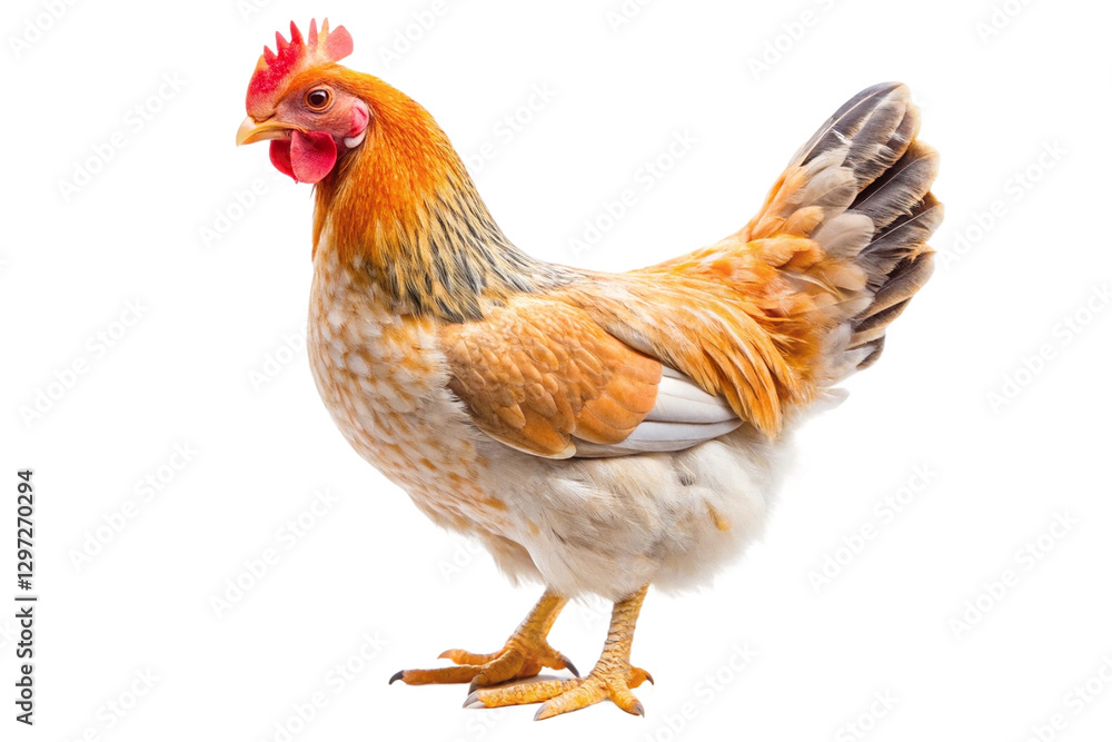 Fototapeta premium Vibrant hen with orange and golden feathers, standing. PNG format