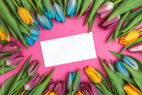 Kolorowe tulipany i biała pusta kartka na środku © Silent26