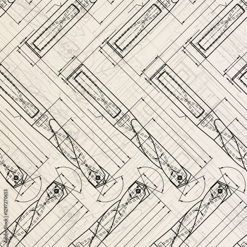 Mechanical engineering drawings on sepia background. Drill tools, borer. Technical Design. Cover. Blueprint. Vector illustration. Seamless pattern.