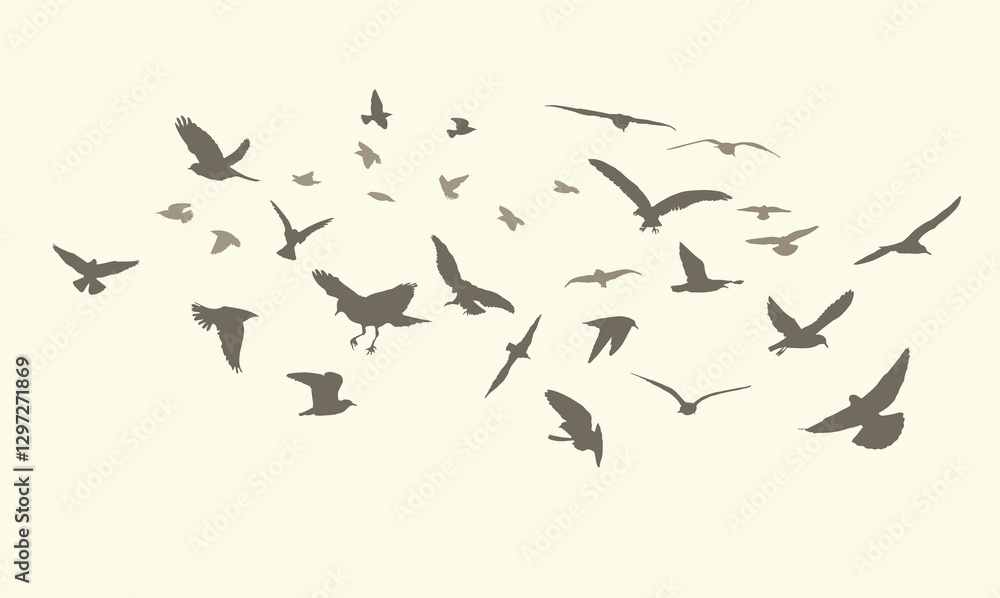 Obraz premium Flying birds silhouette flock. hand drawing. Not AI. Vector illustration.