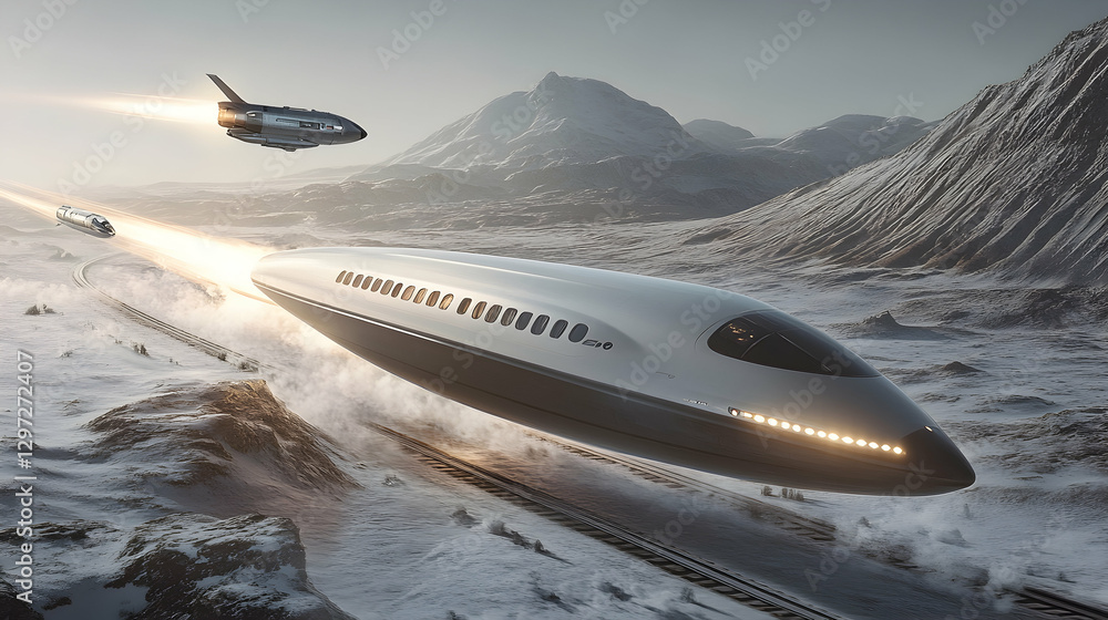 Fototapeta premium Futuristic high-speed train and rocket over snowy mountains