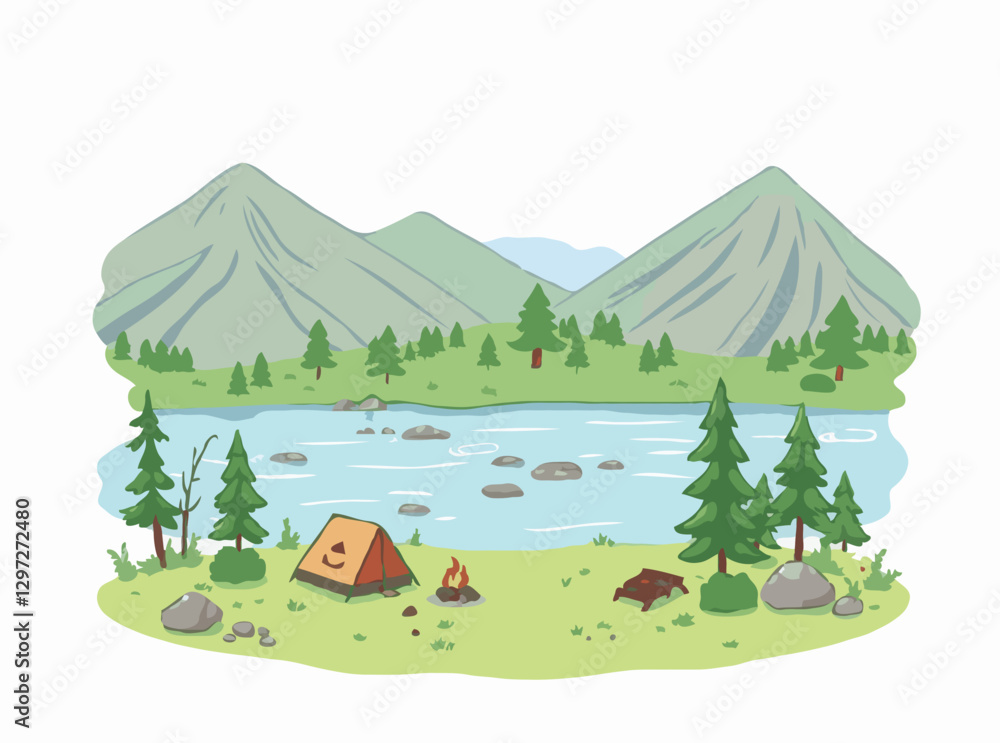 Riverfront Campsite in Nature Vector Landscape Riverfront Campsite in Nature Vector Landscape