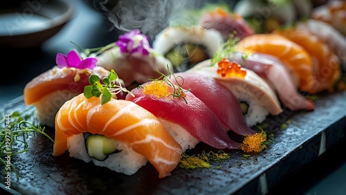 Fresh and colorful sushi with sashimi, flowers, and herbs on a stone plate
 photo