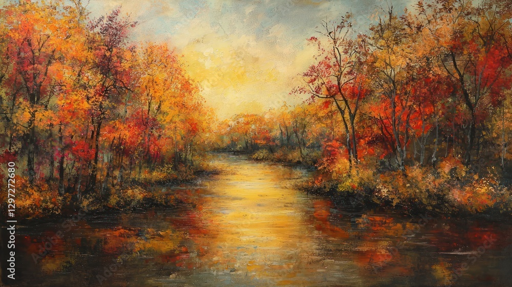 Autumnal river scene, oil painting. Autumnal river scene, oil painting.