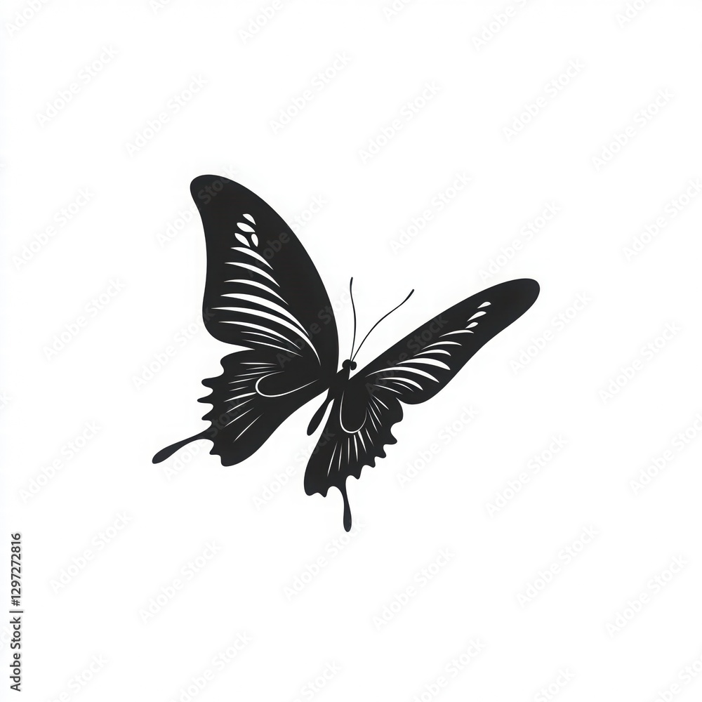 Black and white butterfly silhouette with intricate wing details, gracefully flying with its delicate antennae visible, isolated on a clean white background, for graphic design, logos, or patterns Black and white butterfly silhouette with intricate wing details, gracefully flying with its delicate antennae visible, isolated on a clean white background, for graphic design, logos, or patterns