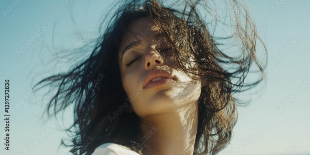 Naklejka premium Captivating and Stunning Portrait of a Lovely Woman with Flowing Hair in Beautiful Nature