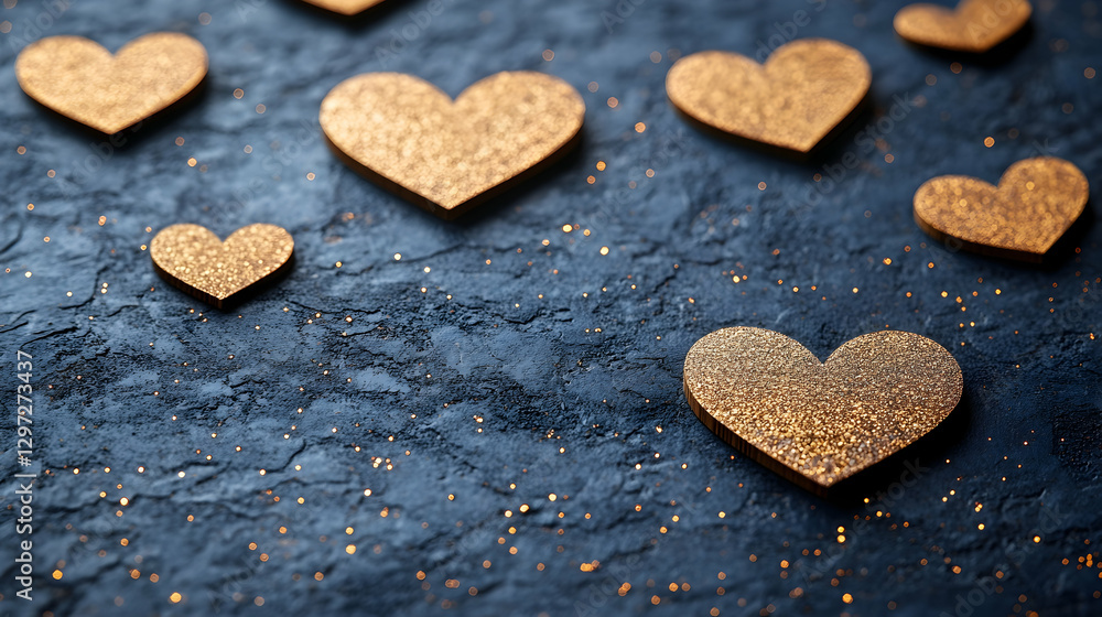 Obraz premium Gold hearts scattered on dark glitter background