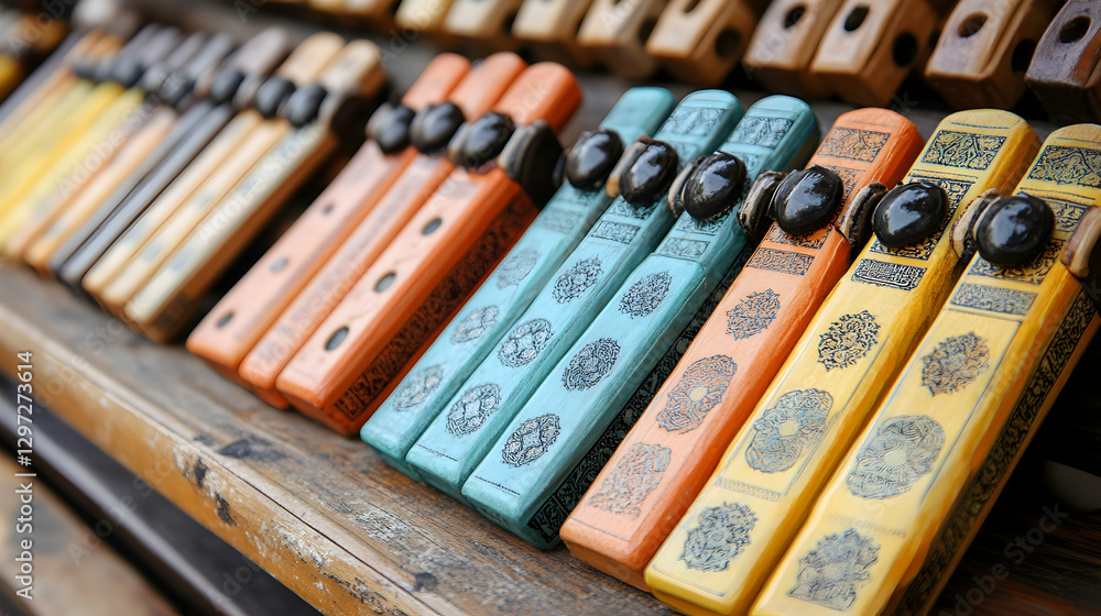 Naklejka premium Colorful Wooden Panpipes Displayed at Market Stall