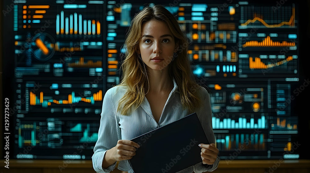 Fototapeta premium Confident Analyst Reviews Data on Control Room Wall
